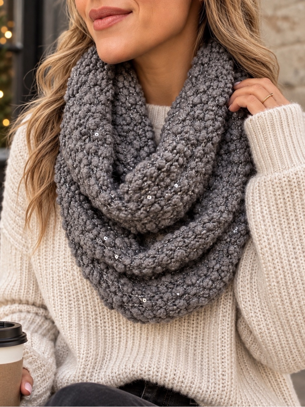 Gray Infinity Scarf Chunky Boucle Knit Metallic Sequin Winter Loop Scarf